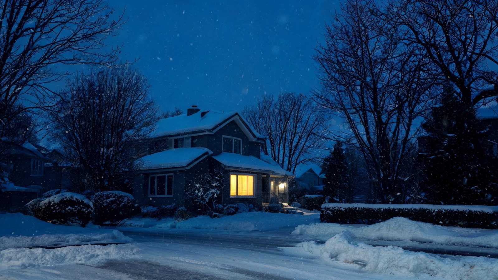 Maison du West Island la nuit en hiver, une fenêtre éclairée